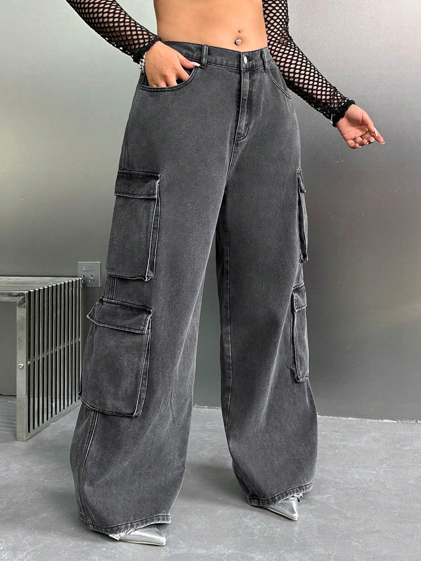 SHEIN ICON Y2K High Waist Black Cargo Pocket plus Size Straight Leg Jeans, Fall Women Clothes