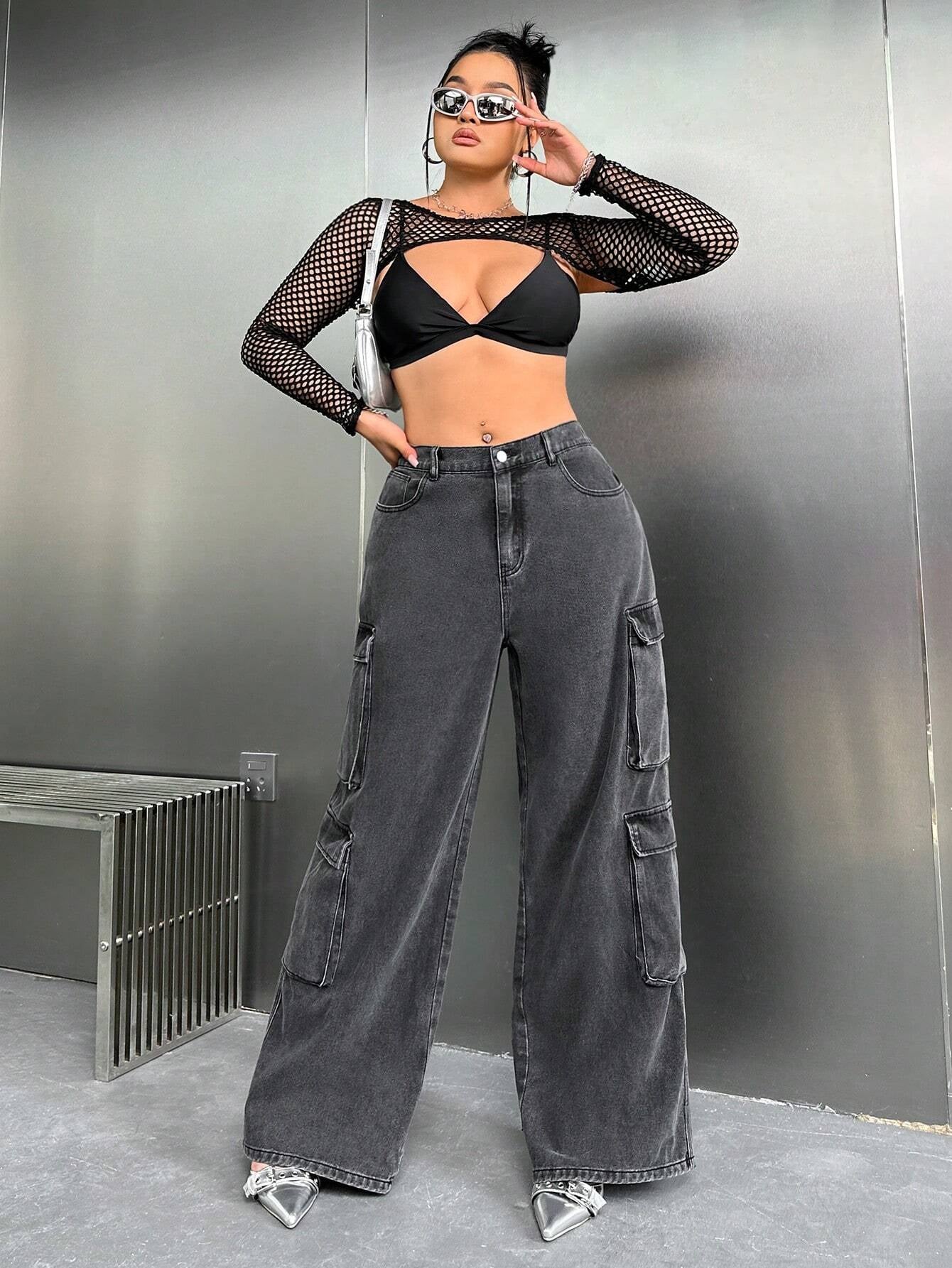 SHEIN ICON Y2K High Waist Black Cargo Pocket plus Size Straight Leg Jeans, Fall Women Clothes