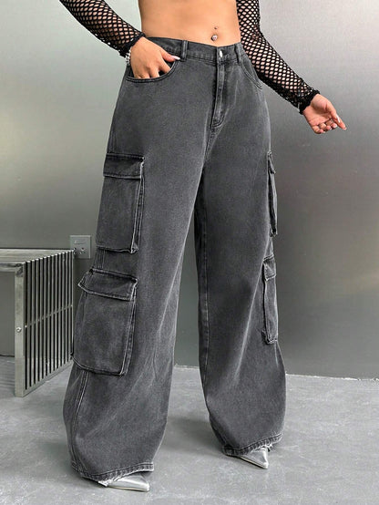 SHEIN ICON Y2K High Waist Black Cargo Pocket plus Size Straight Leg Jeans, Fall Women Clothes