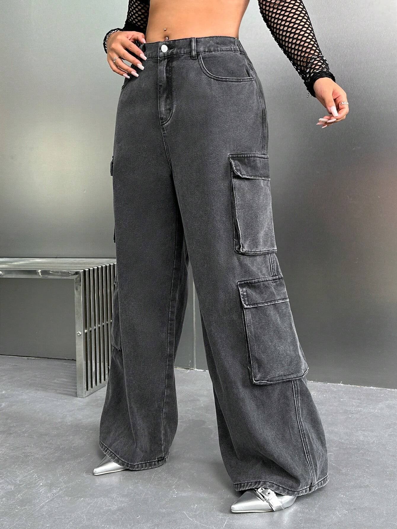 SHEIN ICON Y2K High Waist Black Cargo Pocket plus Size Straight Leg Jeans, Fall Women Clothes