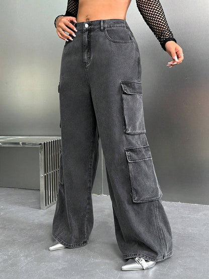 SHEIN ICON Y2K High Waist Black Cargo Pocket plus Size Straight Leg Jeans, Fall Women Clothes