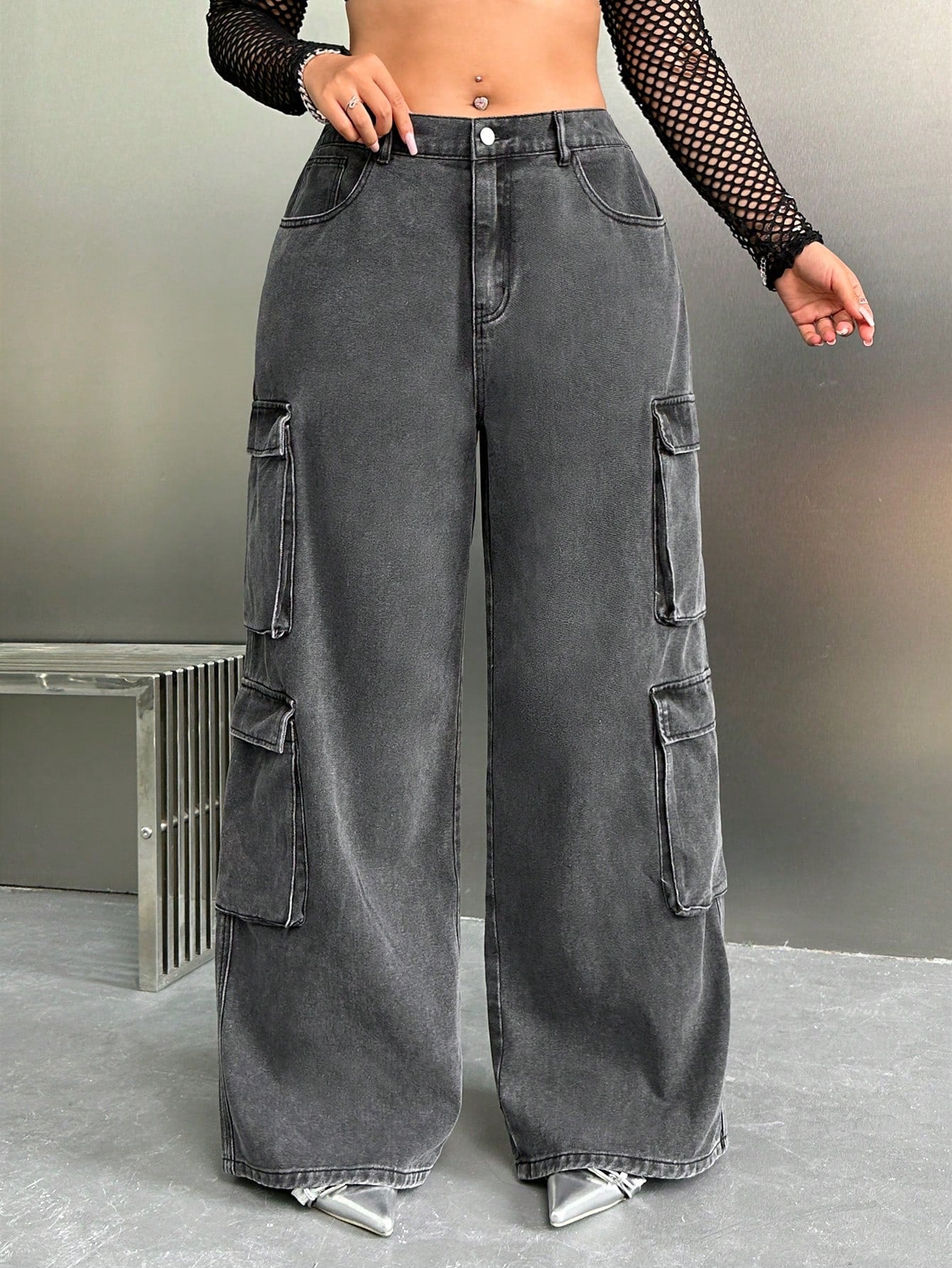 SHEIN ICON Y2K High Waist Black Cargo Pocket plus Size Straight Leg Jeans, Fall Women Clothes