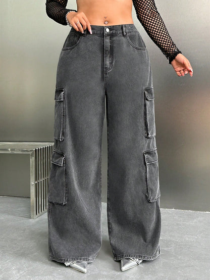 SHEIN ICON Y2K High Waist Black Cargo Pocket plus Size Straight Leg Jeans, Fall Women Clothes