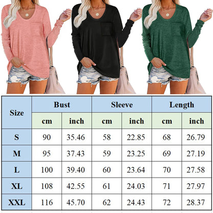 Women'S Long Sleeve Crewneck Shirts Black Loose Casual Tee T-Shirt Tops with Pocket Womens Fall Fashion 2024