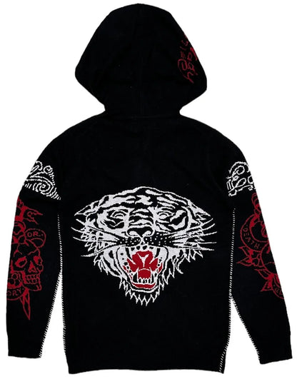 by Christian Audigier Tiger Wool Blend Full Zip Hoodie Sweater (X-Large, Black)