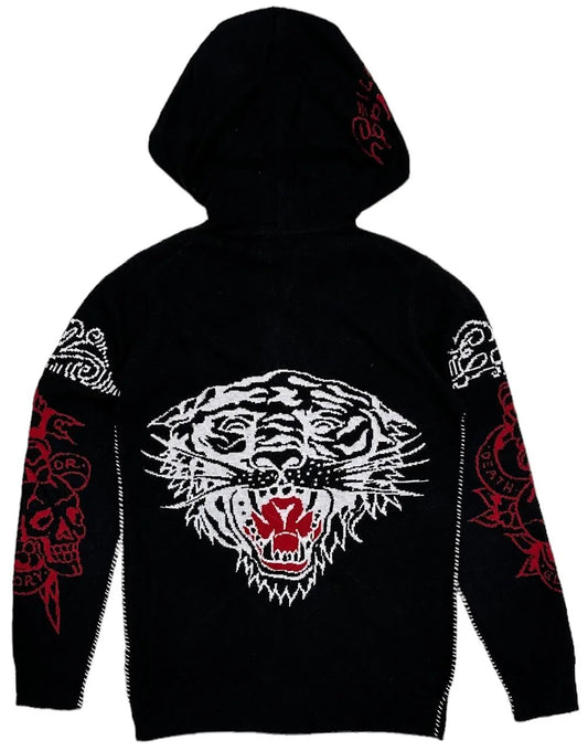 by Christian Audigier Tiger Wool Blend Full Zip Hoodie Sweater (X-Large, Black)