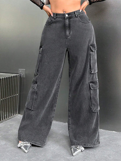 SHEIN ICON Y2K High Waist Black Cargo Pocket plus Size Straight Leg Jeans, Fall Women Clothes