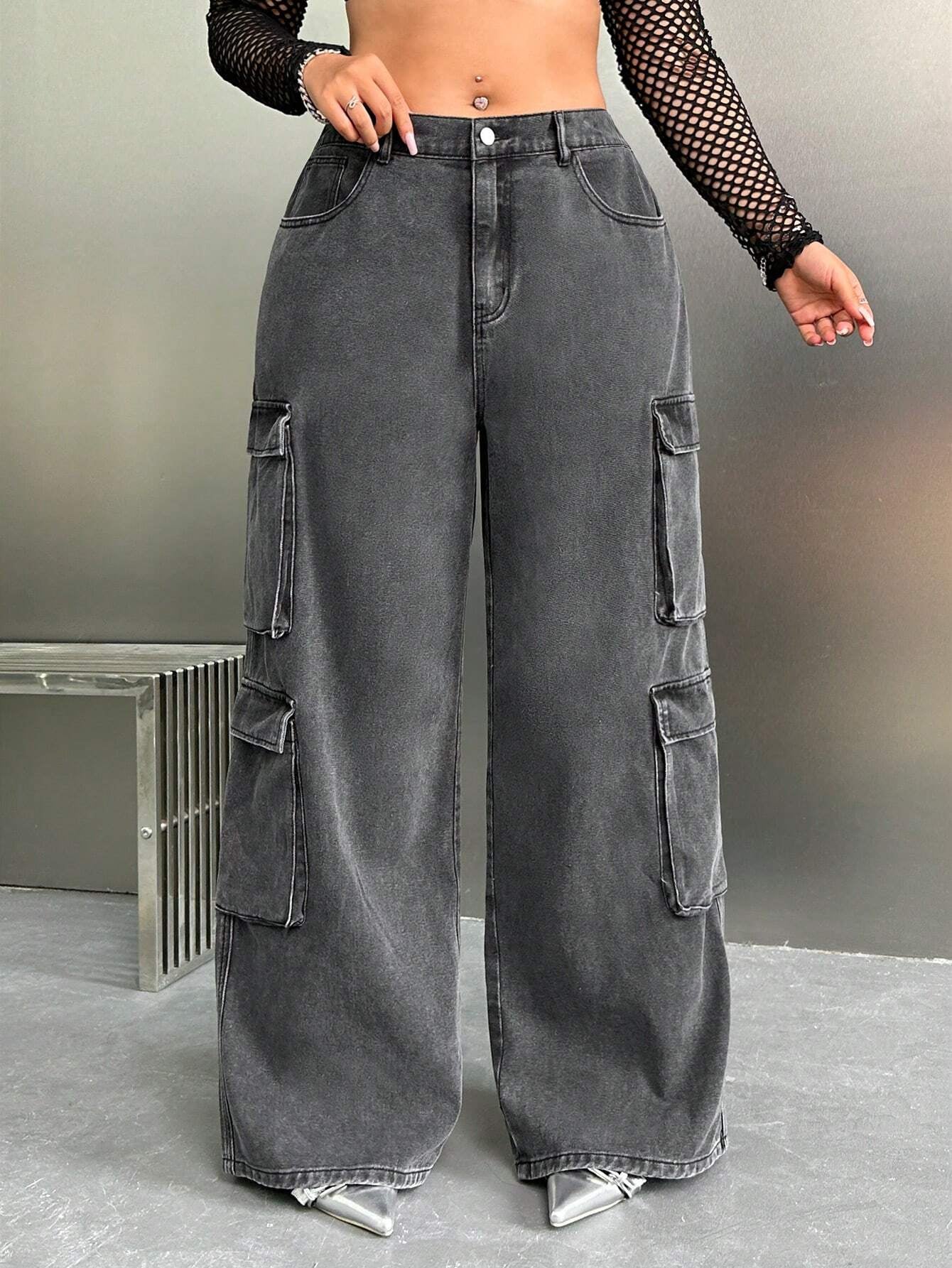 SHEIN ICON Y2K High Waist Black Cargo Pocket plus Size Straight Leg Jeans, Fall Women Clothes