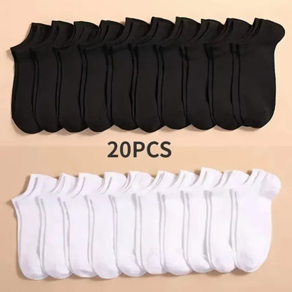 10 Pairs Men Socks Breathable Sports Socks Solid Color Boat Socks Comfortable Cotton Ankle Socks White Black