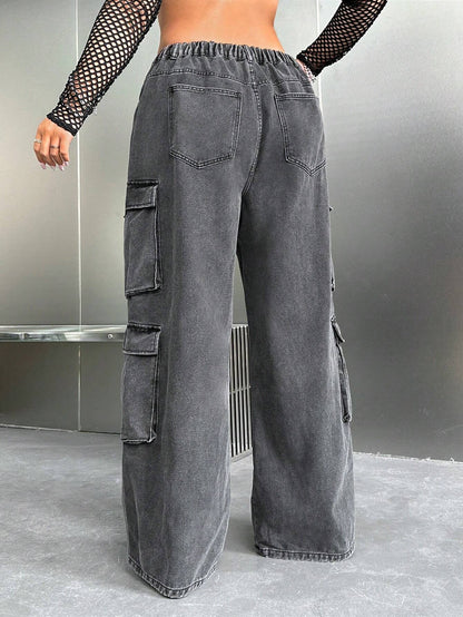 SHEIN ICON Y2K High Waist Black Cargo Pocket plus Size Straight Leg Jeans, Fall Women Clothes